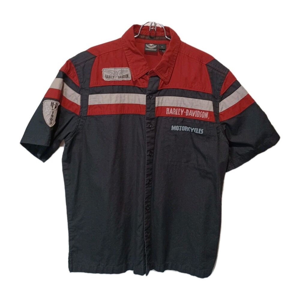 Harley Davidson Large Black Orange Colorblock Logo Button Down Shirt Biker
